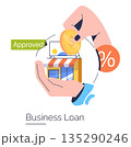Vector illustration of a business loan approval concept, showing a hand holding a coin above a small shop with a percentage symbol. Approved tag indicates successful loan approval. 135290246
