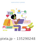 Student engaging with educational content on a laptop through gamification. Vector illustration showcases digital tools, progress paths, and interactive elements in learning. 135290248