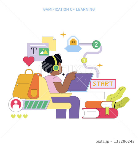 Student engaging with educational content on a laptop through gamification. Vector illustration showcases digital tools, progress paths, and interactive elements in learning. 135290248