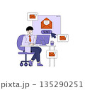 Vector illustration of a businessman sending emails on a computer. He sits at a desk with a cheerful expression, surrounded by email icons, depicting a digital communication concept. 135290251