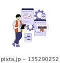 Vector illustration showing a developer reviewing tasks on a tablet, surrounded by UI elements like checklists and gear icons, representing software development and organization. 135290252