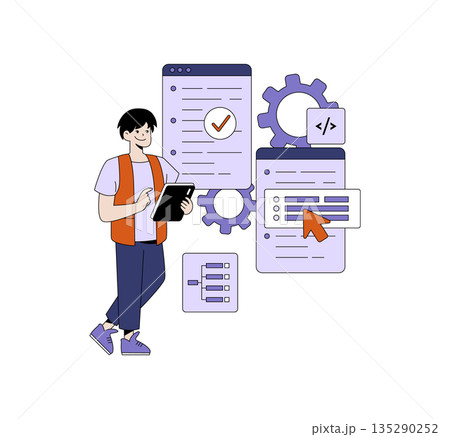Vector illustration showing a developer reviewing tasks on a tablet, surrounded by UI elements like checklists and gear icons, representing software development and organization. 135290252