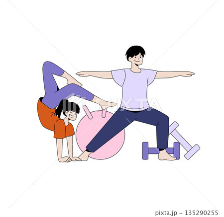 Vector illustration depicting two individuals engaging in yoga and fitness exercises. One person performs a handstand while the other balances with outstretched arms. Exercise equipment is visible. 135290255