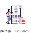 Vector illustration of a woman interacting with a mobile health app. She is smiling while holding her phone. App displays health features, medication, and graphs. 135290256