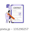Vector illustration of a woman sitting and signing a large contract with a giant pen. The image symbolizes agreement, business deals, and contract signing, featuring text, graphics, and a checkmark. 135290257