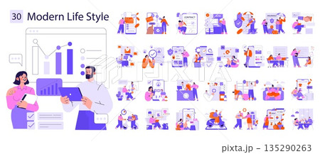 Vector illustration depicting modern lifestyle elements with a focus on technology and business analytics. Shows diverse activities like data analysis, communication, and teamwork. 135290263