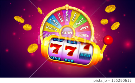 Slot Machine with Lucky Sevens. Casino Gaming Wheel of Fortune with Gold Coins 135290615