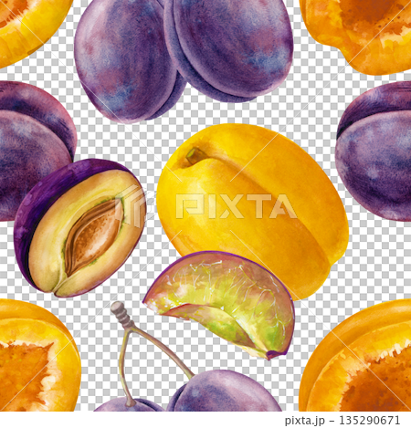 Seamless pattern of hand-painted apricots and plums on an isolated background. Watercolor illustration with realistic juicy fruits. A botanical template for packaging, wallpaper, tableware, and Seamless pattern of hand-painted apricots and plums on an isolated background. Watercolor illustration with realistic juicy fruits. A botanical template for packaging, wallpaper, tableware, and 135290671