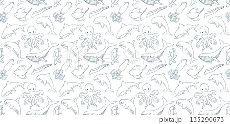 Seamless pattern in line art style with humpback whale, shark, stingray, octopus, turtle, muraena and killer whale swimming in the ocean. Background for summer and sea package design. 135290673