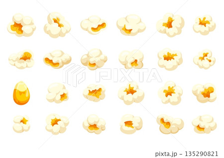 Popcorn kernels. Pop corn kernel close up, sweet salt holiday snack cinema theater tv entertainment food maize snacks shapes popping cornes cartoon set kicky vector illustration Popcorn kernels. Pop corn kernel close up, sweet salt holiday snack cinema theater tv entertainment food maize snacks shapes popping cornes cartoon set kicky vector illustration 135290821