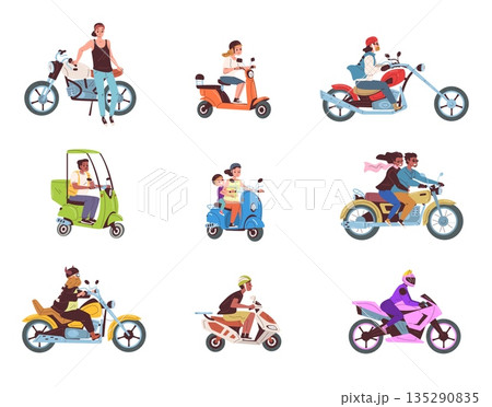 People ride motorcycle. Cartoon motorcyclist characters, family on scooter electric bike motorcycle delivery transport moto drivers travel motorbike, classy vector illustration 135290835
