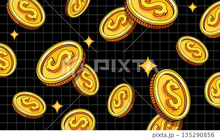 Y2k coins. Falling dollar gold coin grid background flying money cash rain retro video game bonus crypto investment concept golden token casino win jackpot neat vector illustration 135290856