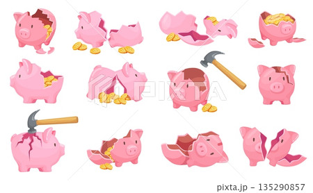 Broken piggy bank. Hammer break pig moneybox smash, open piglet bank money savings piggybank coins economy cash safe business debt finance, cartoon set neat vector illustration 135290857