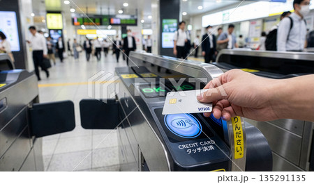 改札機でのクレジットカードタッチ決済（クローズアップ） 135291135
