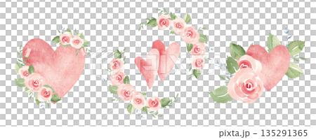 St. Valentine day or wedding compositions set with hearts and pink roses. Watercolor hand drawn illustration isolated on a white background. Romantic design elements for shirt prints, posters and 135291365