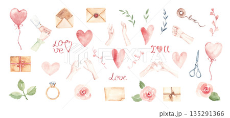 Watercolor St Valentine set. Hands, hearts, LOVE words and envelopes, ring, air balloons and roses. Hand painted romantic elements for cards, wedding, proposal, invitation and love message design. 135291366