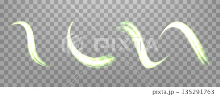 Glowing green lines set. Neon realistic energy speed. Abstract light effect on a transparent background. Vector illustration. 135291763