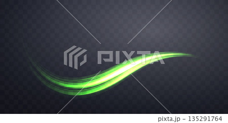 Glowing green lines. Neon realistic energy speed. Abstract light effect on a dark transparent background. Vector illustration Glowing green lines. Neon realistic energy speed. Abstract light effect on a dark transparent background. Vector illustration 135291764