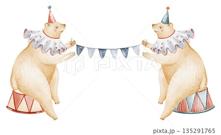 Circus bear animals illustration in watercolor cartoon style. Two bear characters hold garland with flags. Hand painted art for children nursery design, invitation, card, poster. 135291765