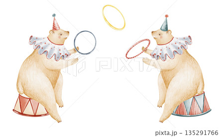 Circus animals illustration with two bear characters performing juggling rings. Watercolor cartoon style for children design, nursery, invitation, card, poster. Hand painted artwork for kids projects. 135291766