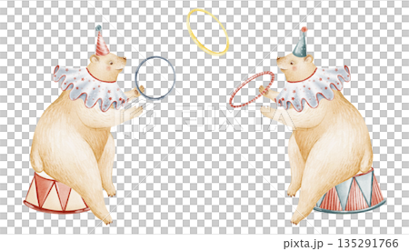 Circus animals illustration with two bear characters performing juggling rings. Watercolor cartoon style for children design, nursery, invitation, card, poster. Hand painted artwork for kids projects. Circus animals illustration with two bear characters performing juggling rings. Watercolor cartoon style for children design, nursery, invitation, card, poster. Hand painted artwork for kids projects. 135291766
