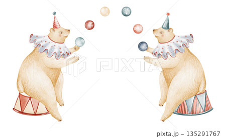 Circus animals illustration with bear performers. Two bear characters juggle balls on a podium. Watercolor cartoon art for children design, nursery decor, invitation or card. 135291767