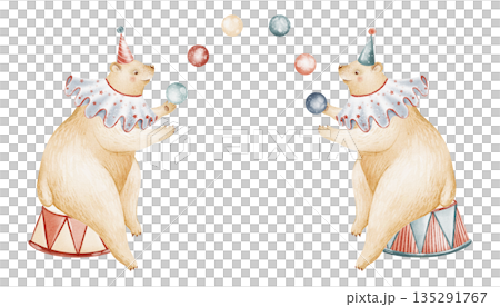 Circus animals illustration with bear performers. Two bear characters juggle balls on a podium. Watercolor cartoon art for children design, nursery decor, invitation or card. 135291767
