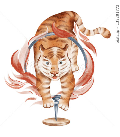 Watercolor illustration of a circus tiger jumping through fire. Cartoon animal performing in a circus show. Hand drawn clipart for children, posters, and invitations. 135291772