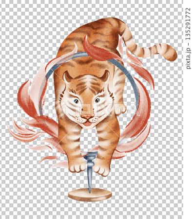 Watercolor illustration of a circus tiger jumping through fire. Cartoon animal performing in a circus show. Hand drawn clipart for children, posters, and invitations. 135291772