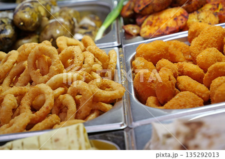 Potatoes cooked in various ways. Various boiled, fried and deep-fried foods 135292013