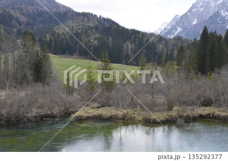 Mountain peaks over Zelenci spring 135292377