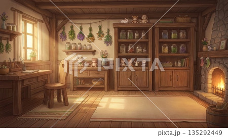 たくさんの薬草や瓶が並ぶ暖炉のある温かい雰囲気の魔女の調合室 135292449