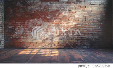 empty wall and wooden floor with glare from the window. Interior background for mockup or presentation 135292596