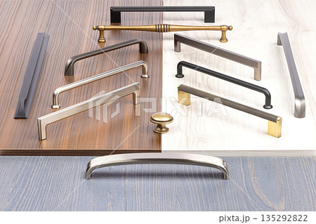Diverse collection of cabinet handles showcasing elegant designs for home improvement projects 135292822