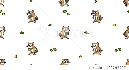 raccoon seamless pattern tanuki running cartoon doodle pet leaf leave tile background repeat wallpaper gift wrapping paper illustration 135292965