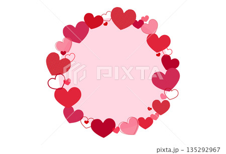 赤い色々なハートの丸型フレームピンク背景ベクターイラスト素材 135292967