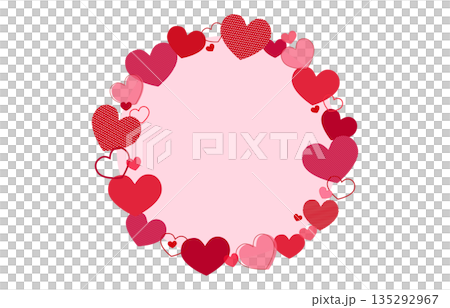 赤い色々なハートの丸型フレームピンク背景ベクターイラスト素材 135292967
