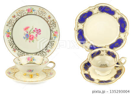 Elegant Antique China Teacups and Saucers Isolated on White Elegant Antique China Teacups and Saucers Isolated on White 135293004