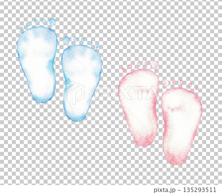 Watercolor blue and pink baby footprints. Hand drawn. For gender reveal party, baby shower, baptism, birthday, boy or girl party. Isolated illustration 135293511