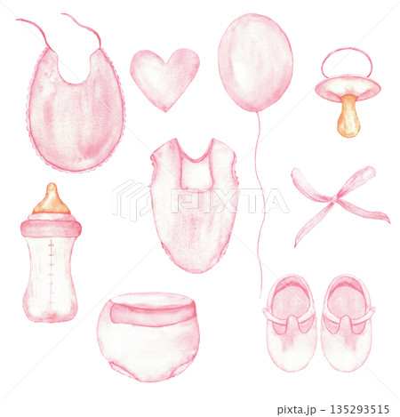 Gender reveal party pink set featuring baby essentials and decorations. For baby shower, baptism, boy or girl party. Isolated set. Hand drawn clipart. Watercolor illustration 135293515