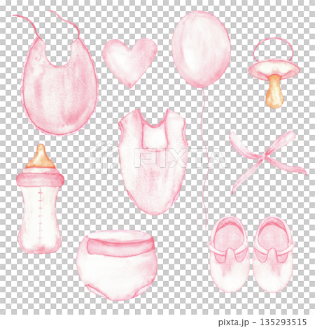 Gender reveal party pink set featuring baby essentials and decorations. For baby shower, baptism, boy or girl party. Isolated set. Hand drawn clipart. Watercolor illustration 135293515