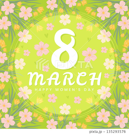 International Womens Day greeting card with 8 March typography and pink spring flowers on green background. 135293576