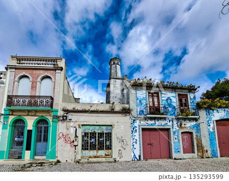 Painted old houses in Luisa Todi avenue and Largo Dr. Francisco Soveral square in Setubal, Portugal 135293599