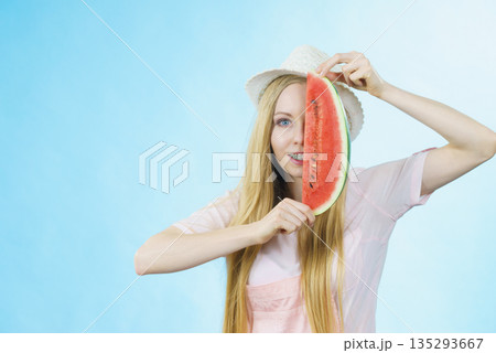 woman holding watermelon fruit woman holding watermelon fruit 135293667