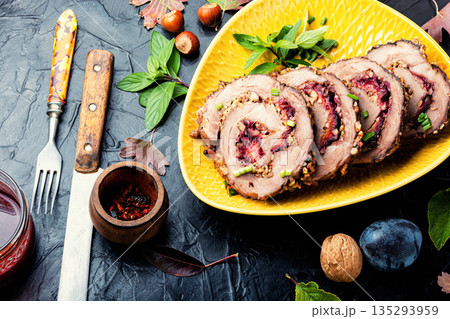 Meat Rolls Stuffed with Vegetables on a Plate Meat Rolls Stuffed with Vegetables on a Plate 135293959