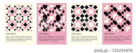 set of geometric abstract black shapes pattern poster, seamless elements collection made of triangles and squares, pixel elements form, modern design for card, invitation, wallpaper	 135293970