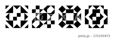 set of geometric abstract black shapes pattern poster, seamless elements collection made of triangles and squares, pixel elements form, modern design for card, invitation, wallpaper	 135293973