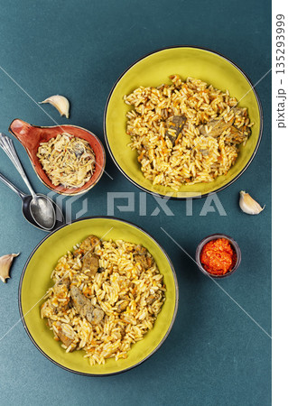 Bowl of Pilaf with Meat and Spices. Bowl of Pilaf with Meat and Spices. 135293999