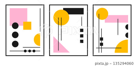 Set of retro bauhaus background poster with geometric shape and line set. abstract pattern, design line art, trendy style. illustration with circle, square, triangle. design for cards, invitation Set of retro bauhaus background poster with geometric shape and line set. abstract pattern, design line art, trendy style. illustration with circle, square, triangle. design for cards, invitation 135294060