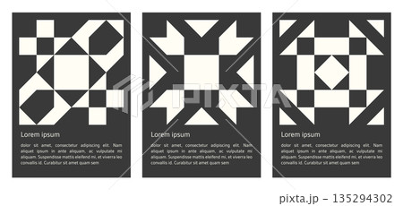 set of geometric abstract black shapes pattern poster, seamless elements collection made of triangles and squares, pixel elements form, modern design for card, invitation, wallpaper set of geometric abstract black shapes pattern poster, seamless elements collection made of triangles and squares, pixel elements form, modern design for card, invitation, wallpaper 135294302